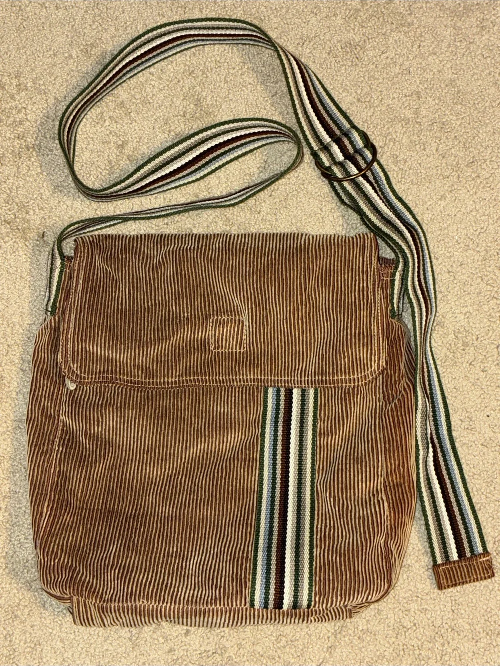 Burton Casual Brown Corduroy Large Messenger Crossbody Bag Striped Accent/Strap